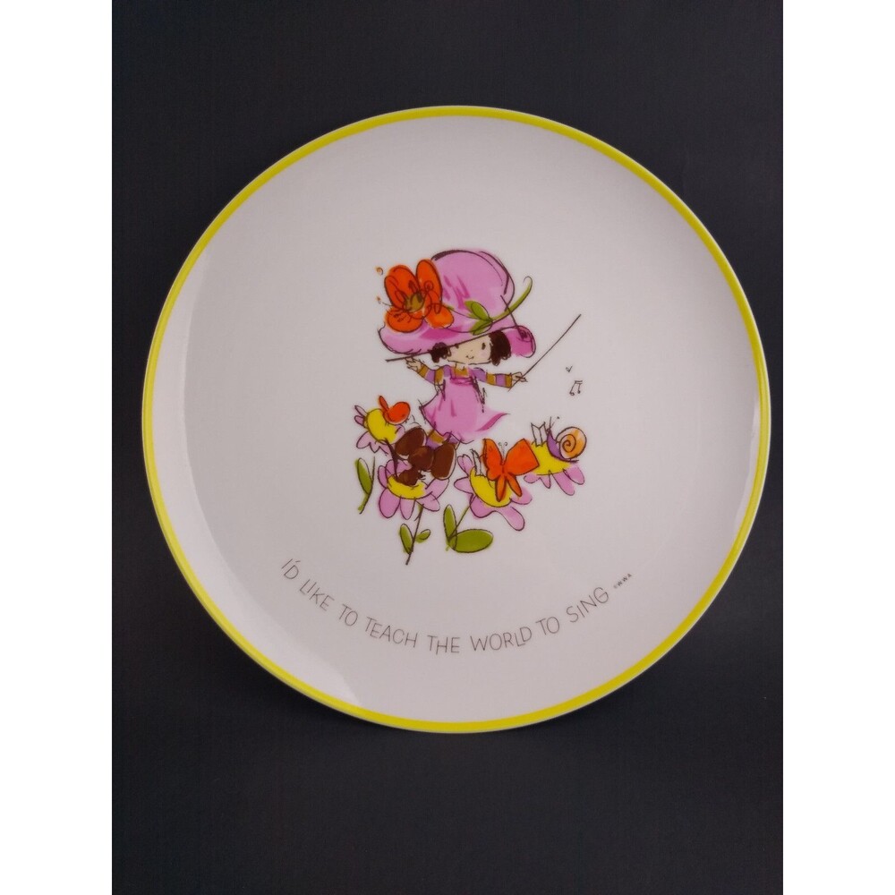 Vintage Plate Mopsie Adorable Girl Pink Hat Flowers Bird Mouse Sing Music 1973